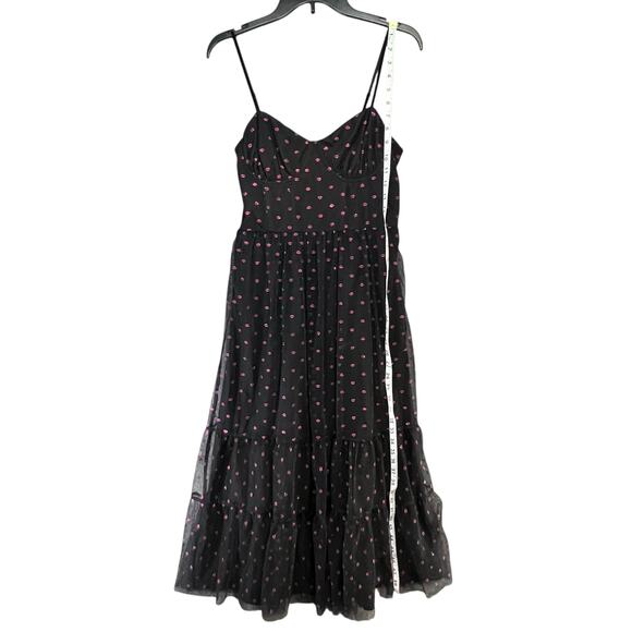 Betsey Johnson Corset Midi Dress 8 Black Lip Print Tulle Mesh Whimsical Romantic - Picture 10 of 15